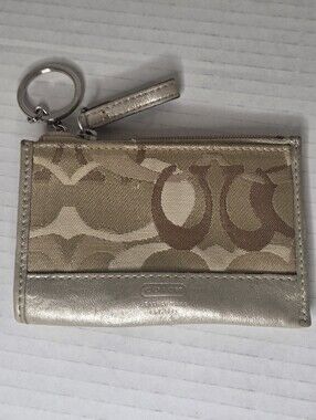 Coach signature jacquard  key ring card holder wallet in metallic gold